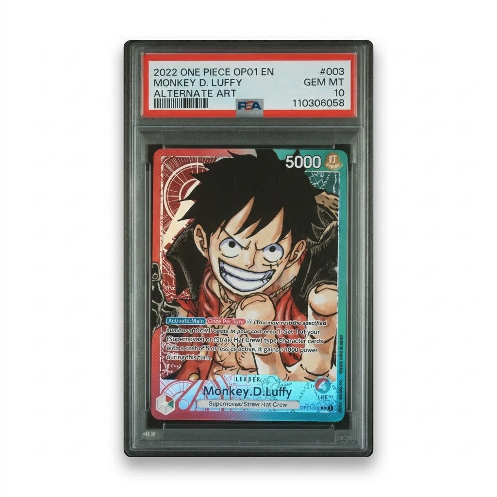 One Piece TCG OP01-003 Monkey D. Luffy Pre-Errata Alternate Art Leader – PSA 10 Gem Mint
